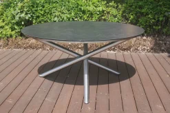OUTFLEXX Garten-Essgruppe, silber/schwarz, Edelstahl/Glaskeramik/Textilene/Teakholz, Tisch Ø150cm, 5 Klappstühle, verstellbar