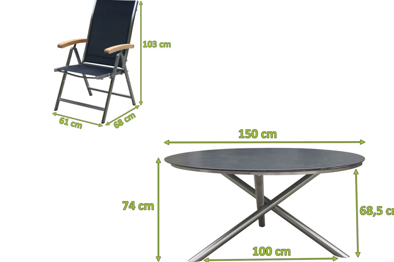OUTFLEXX Garten-Essgruppe, silber/schwarz, Edelstahl/Glaskeramik/Textilene/Teakholz, Tisch Ø150cm, 5 Klappstühle, verstellbar