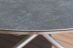OUTFLEXX Garten-Essgruppe, silber/schwarz, Edelstahl/Glaskeramik/Textilene/Teakholz, Tisch Ø150cm, 5 Klappstühle, verstellbar