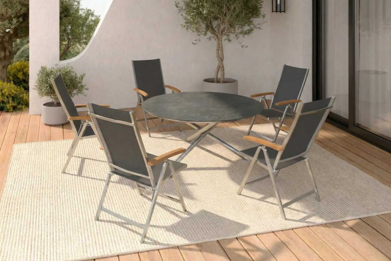 OUTFLEXX Garten-Essgruppe, silber/schwarz, Edelstahl/Glaskeramik/Textilene/Teakholz, Tisch Ø150cm, 5 Klappstühle, verstellbar