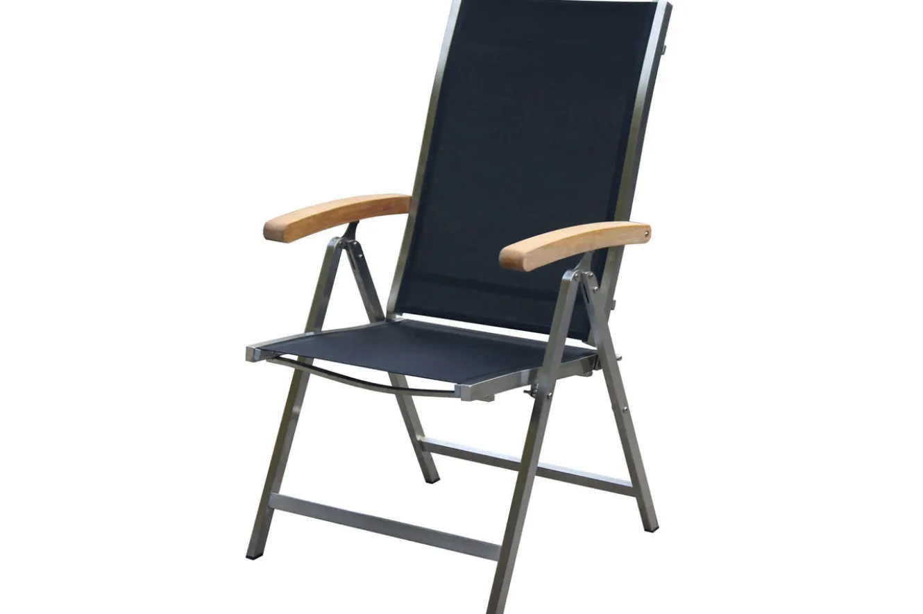 OUTFLEXX Garten-Essgruppe, silber/schwarz, Edelstahl/Glaskeramik/Textilene/Teakholz, Tisch Ø150cm, 5 Klappstühle, verstellbar