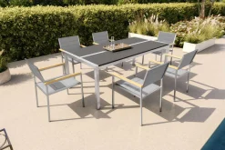 OUTFLEXX Gartenessgruppe, Silber, Edelstahl/Glaskeramik, Tisch 200x100cm, 6 Stapelstühle, Bodenschoner Inklusive