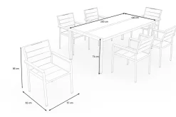 OUTFLEXX Gartenessgruppe, Silber, Edelstahl/Glaskeramik, Tisch 200x100cm, 6 Stapelstühle, Bodenschoner Inklusive
