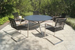 OUTFLEXX Garten-Essgruppe, silber/schwarz, Edelstahl/Glaskeramik/Rope/Teak, Tisch Ø150cm, 5 Freischwinger