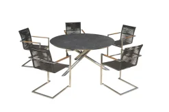 OUTFLEXX Garten-Essgruppe, silber/schwarz, Edelstahl/Glaskeramik/Rope/Teak, Tisch Ø150cm, 5 Freischwinger