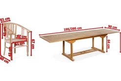 OUTFLEXX Garten-Essgruppe, Teakholz, Ausziehtisch 195/295 x 90 cm, 10 Armlehnensessel, inkl. Polster