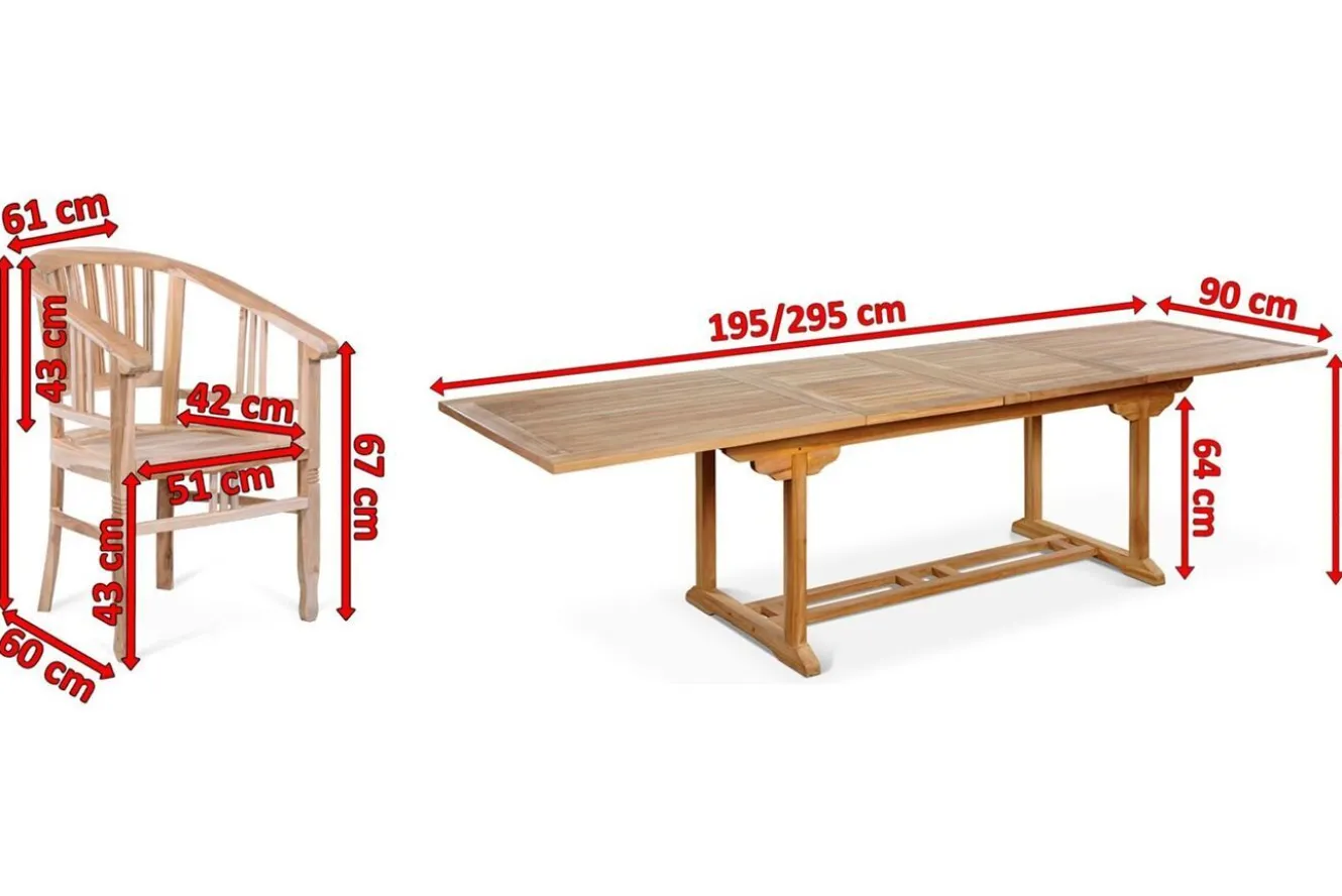 OUTFLEXX Garten-Essgruppe, Teakholz, Ausziehtisch 195/295 x 90 cm, 10 Armlehnensessel, inkl. Polster