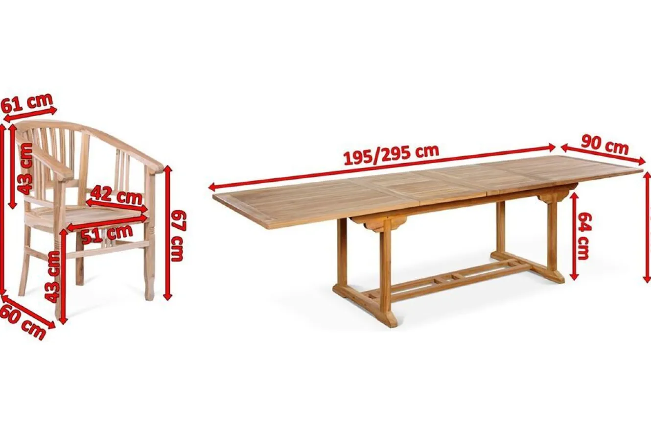 OUTFLEXX Garten-Essgruppe, Teakholz, Ausziehtisch 195/295 x 90 cm, 10 Armlehnensessel, inkl. Polster