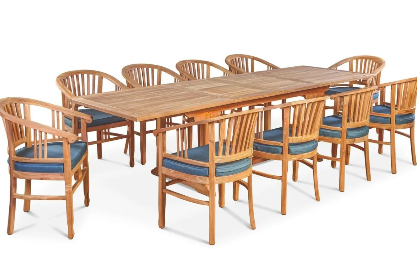 OUTFLEXX Garten-Essgruppe, Teakholz, Ausziehtisch 195/295 x 90 cm, 10 Armlehnensessel, inkl. Polster