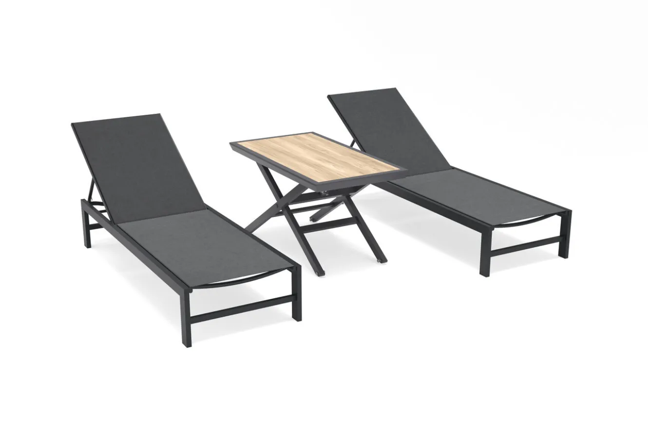 OUTFLEXX Gartenliegen-Set, anthrazit matt/schwarz, Alu/Textilene, 190 x 60 cm, inkl. höhenverstellbarer Kafeetisch , UV-beständig