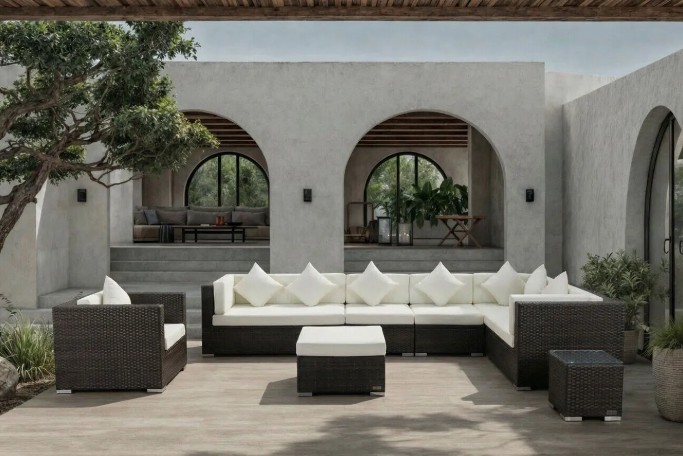 OUTFLEXX Gartenlounge, braun marmoriert, Polyrattan, 8 Pers, wasserfeste Kissenbox, inkl. Beistelltisch