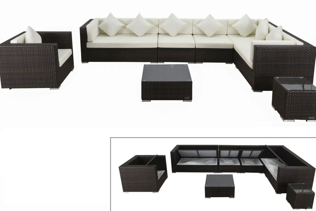 OUTFLEXX Gartenlounge, braun marmoriert, Polyrattan, 8 Pers, wasserfeste Kissenbox, inkl. Beistelltisch