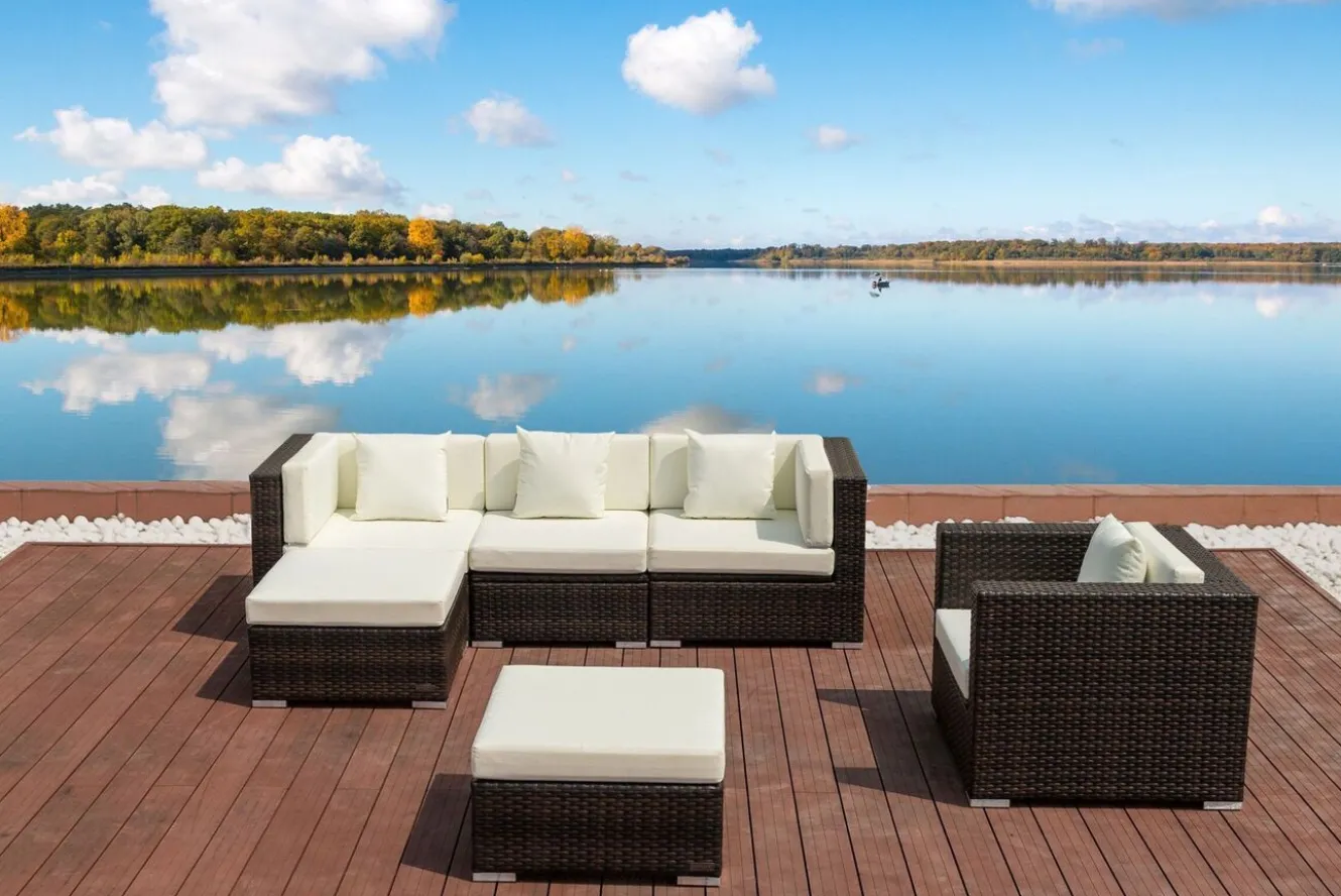OUTFLEXX Gartenlounge, braun marmoriert, Polyrattan, 5 Pers, wasserfeste Kissenbox, inkl. Beistelltisch
