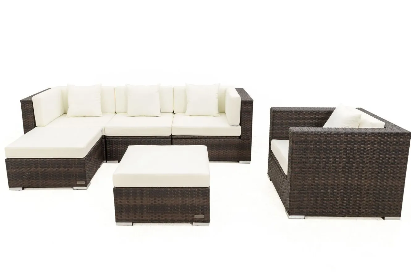 OUTFLEXX Gartenlounge, braun marmoriert, Polyrattan, 5 Pers, wasserfeste Kissenbox, inkl. Beistelltisch
