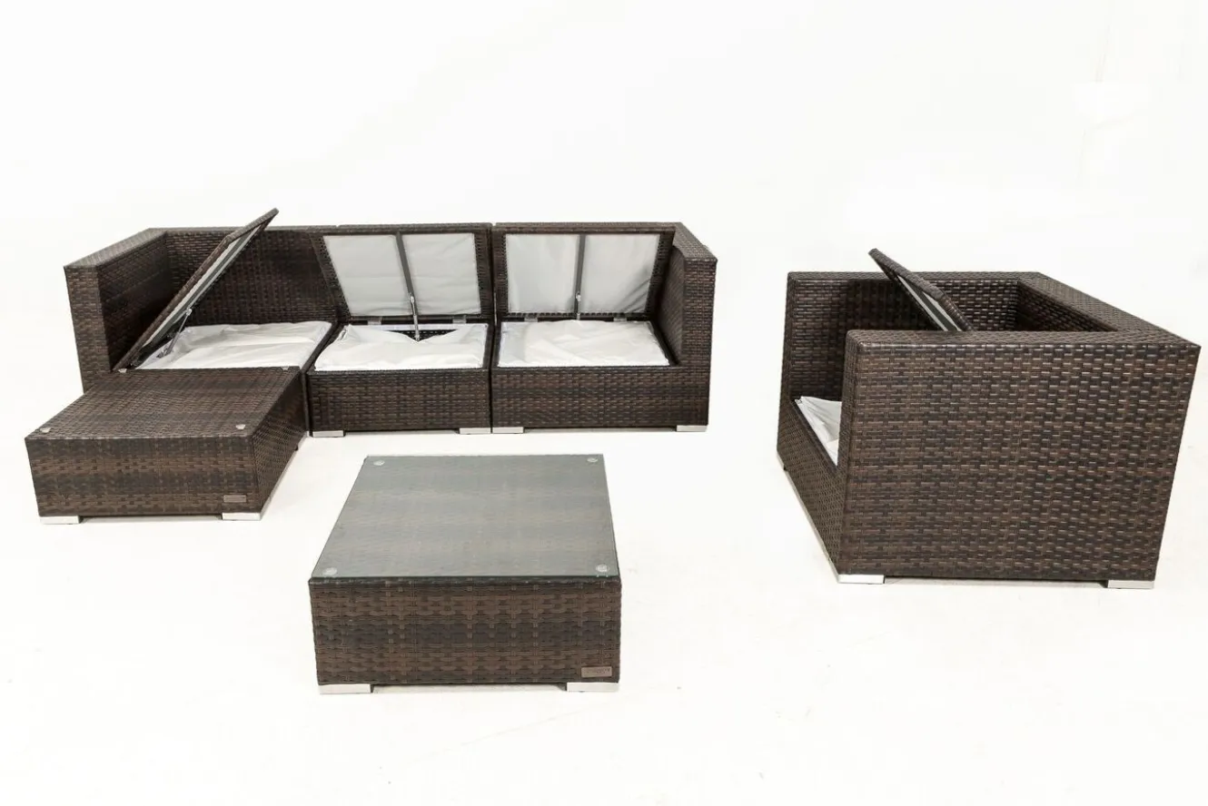 OUTFLEXX Gartenlounge, braun marmoriert, Polyrattan, 5 Pers, wasserfeste Kissenbox, inkl. Beistelltisch