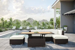 OUTFLEXX Gartenlounge, braun marmoriert, 5 Pers, Polyrattan, wasserfeste Kissenbox, inkl. Loungetisch