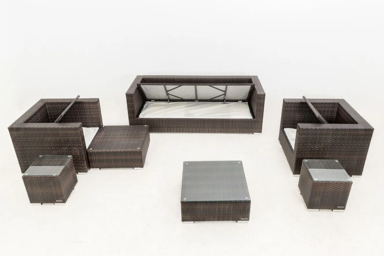 OUTFLEXX Gartenlounge, braun marmoriert, Polyrattan, 6 Pers, wasserfeste Kissenbox, inkl. Beistelltisch