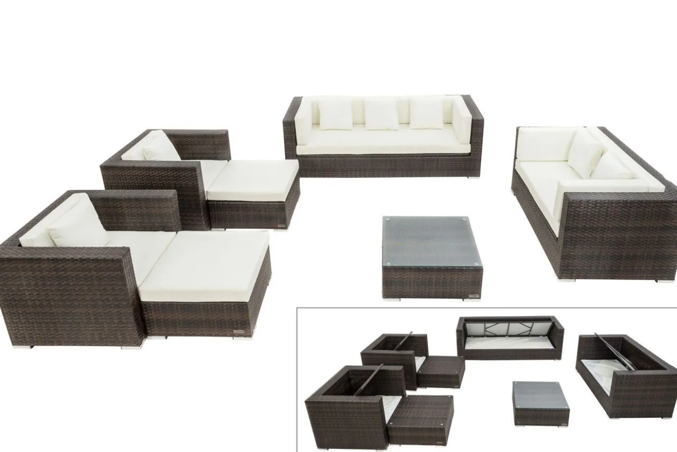 OUTFLEXX Gartenlounge, braun marmoriert, Polyrattan, 9 Pers, wasserfeste Kissenbox, inkl. Beistelltisch