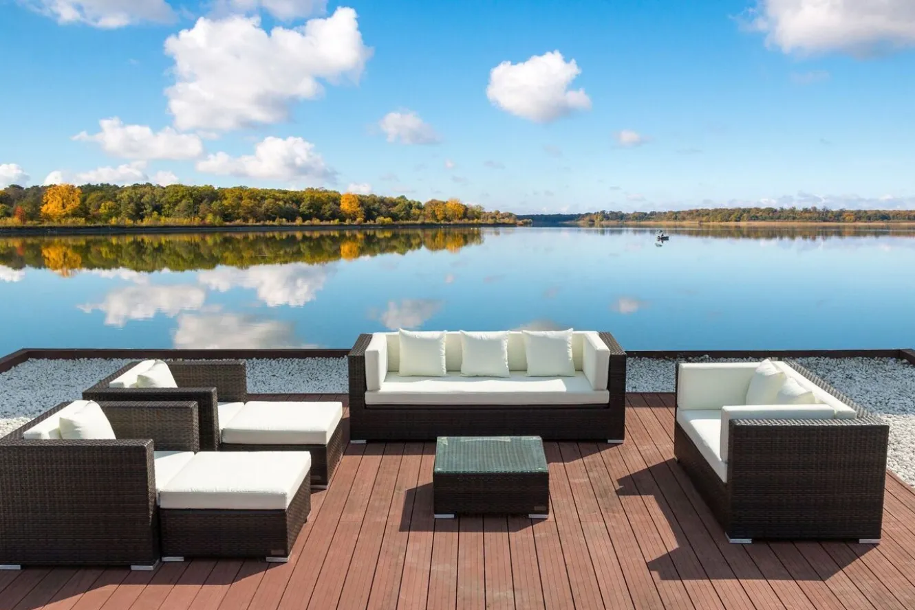 OUTFLEXX Gartenlounge, braun marmoriert, Polyrattan, 9 Pers, wasserfeste Kissenbox, inkl. Beistelltisch