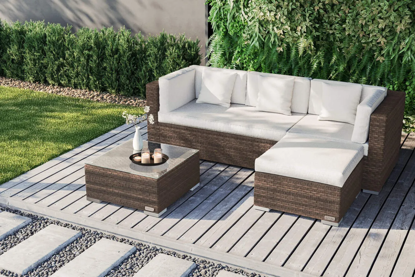 OUTFLEXX Gartenlounge, braun marmoriert, 5 Pers, Polyrattan, wasserfeste Kissenbox