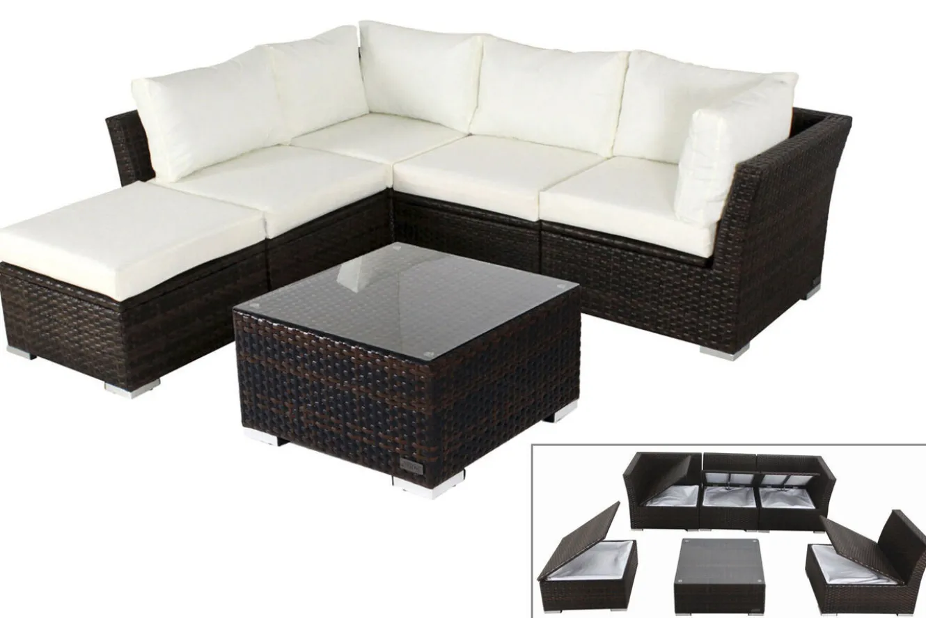 OUTFLEXX Gartenlounge, braun marmoriert, Polyrattan, inkl. Kaffeetisch, für 5 Personen, wasserfeste Kissenbox