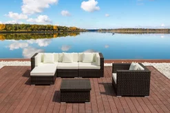 OUTFLEXX Gartenlounge, braun marmoriert, Polyrattan, 5 Pers, wasserfeste Kissenbox, inkl. Loungetisch