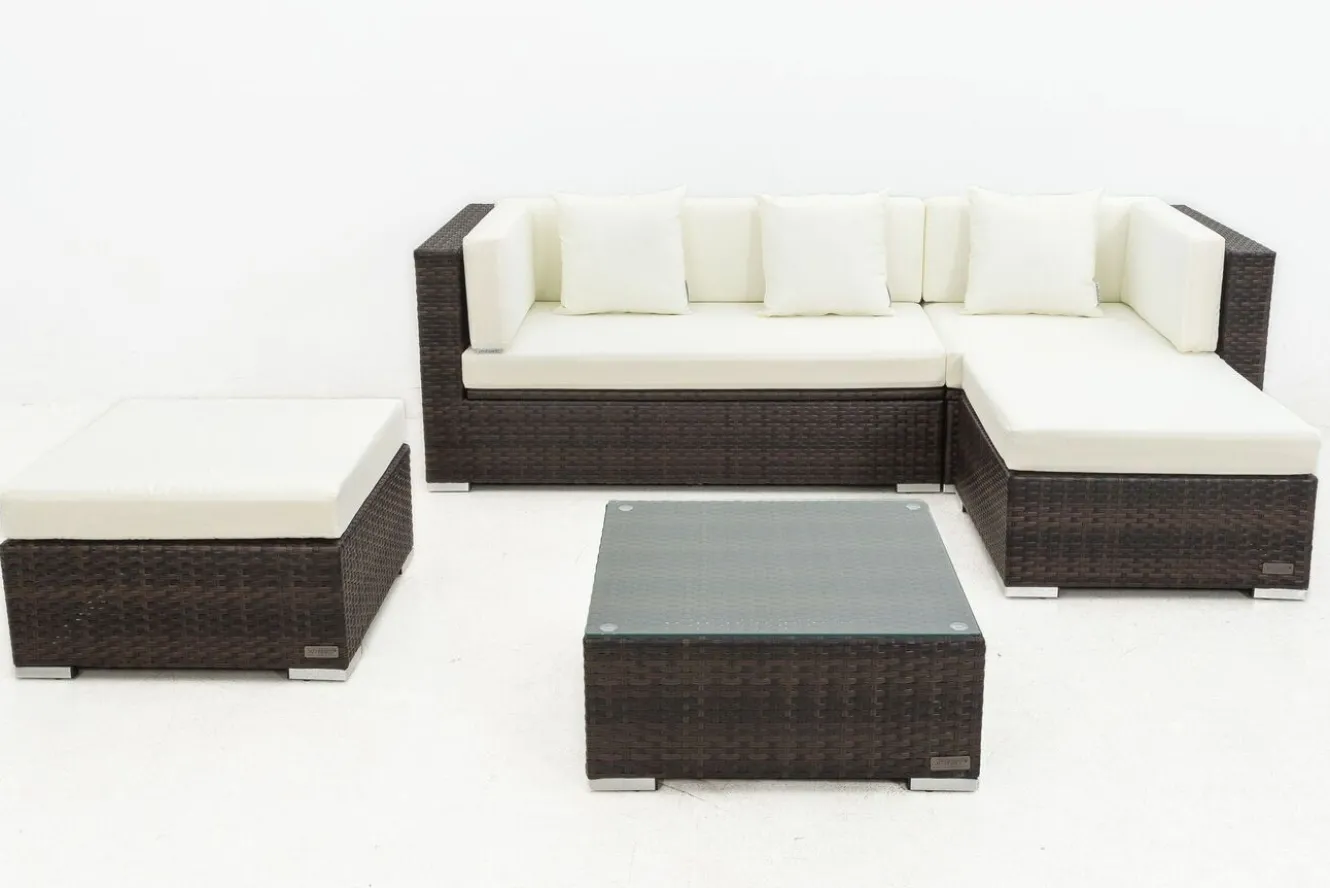 OUTFLEXX Gartenlounge, braun marmoriert, 5 Pers, Polyrattan, wasserfeste Kissenbox, inkl. Beistelltisch