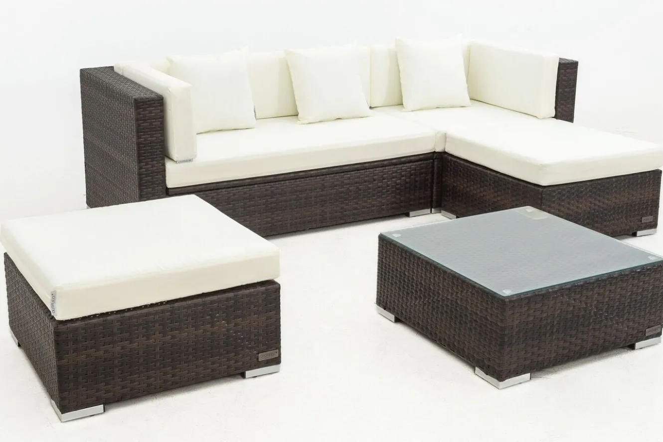 OUTFLEXX Gartenlounge, braun marmoriert, 5 Pers, Polyrattan, wasserfeste Kissenbox, inkl. Beistelltisch