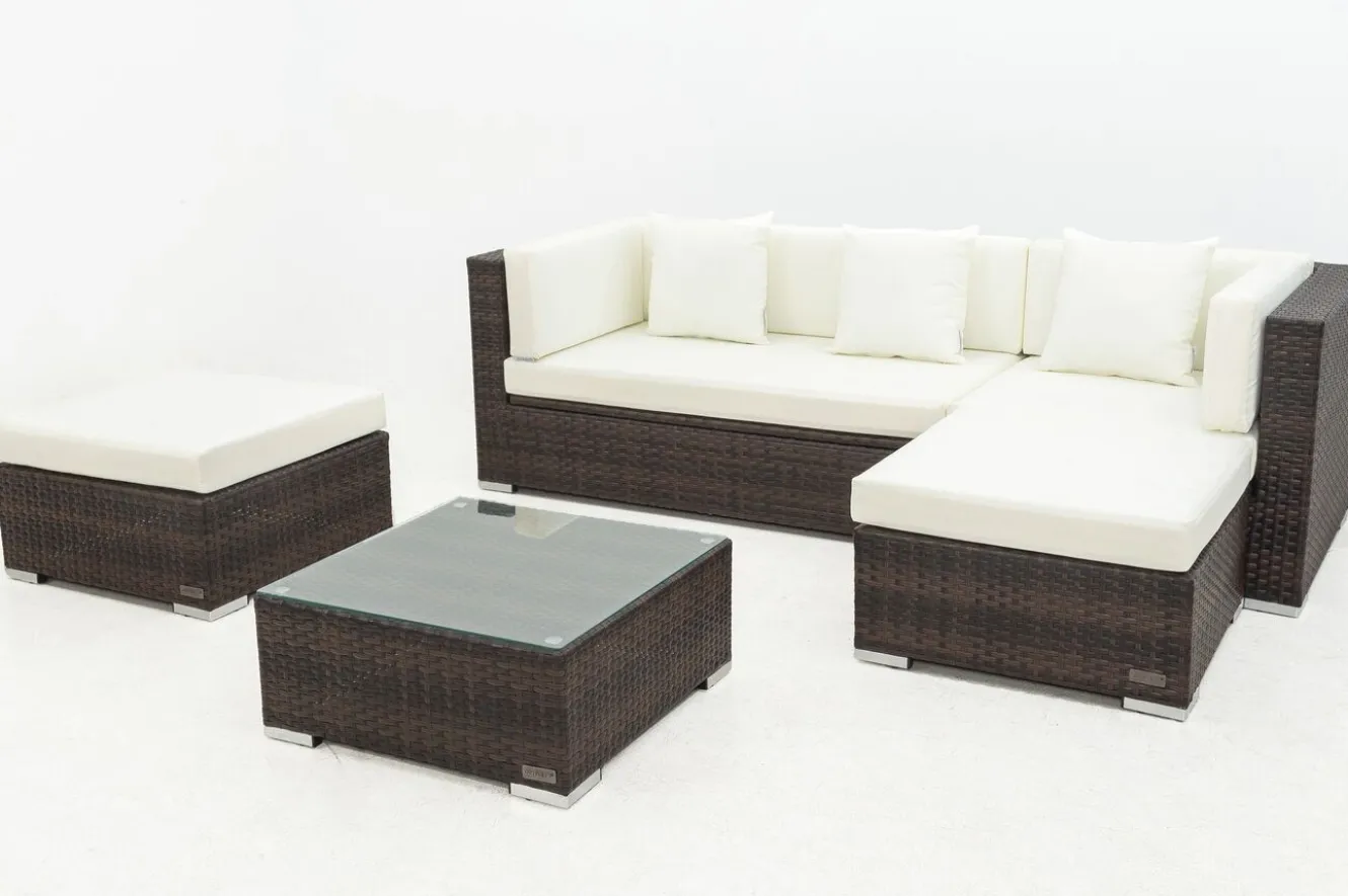 OUTFLEXX Gartenlounge, braun marmoriert, 5 Pers, Polyrattan, wasserfeste Kissenbox, inkl. Beistelltisch