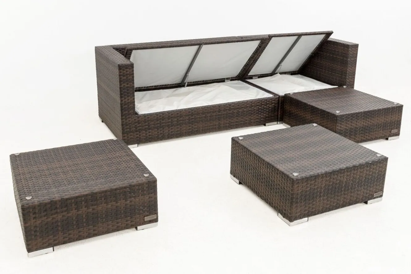 OUTFLEXX Gartenlounge, braun marmoriert, 5 Pers, Polyrattan, wasserfeste Kissenbox, inkl. Beistelltisch