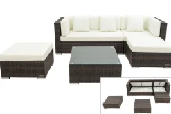 OUTFLEXX Gartenlounge, braun marmoriert, 5 Pers, Polyrattan, wasserfeste Kissenbox, inkl. Beistelltisch