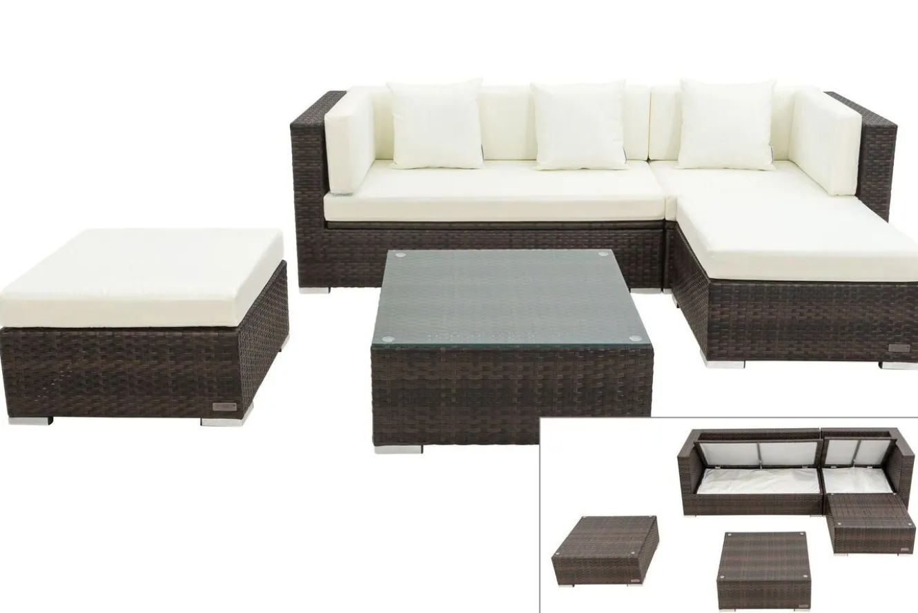 OUTFLEXX Gartenlounge, braun marmoriert, 5 Pers, Polyrattan, wasserfeste Kissenbox, inkl. Beistelltisch