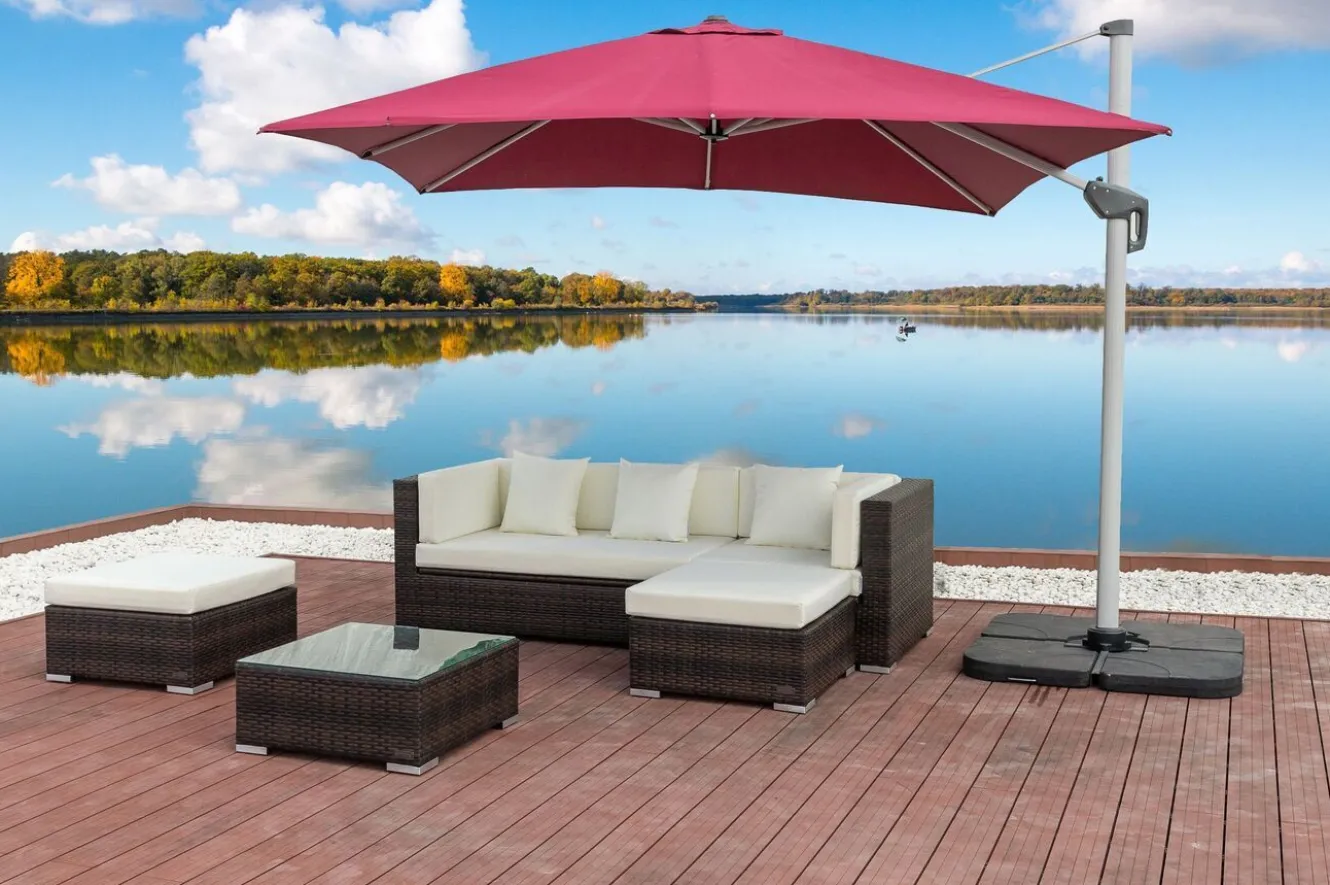 OUTFLEXX Gartenlounge, braun marmoriert, 5 Pers, Polyrattan, wasserfeste Kissenbox, inkl. Beistelltisch