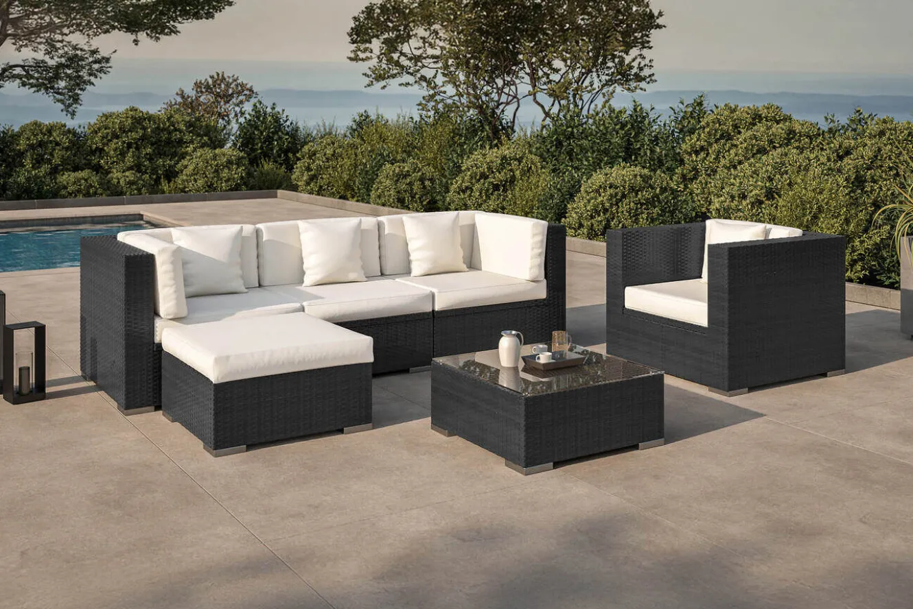 OUTFLEXX Gartenlounge, creme/weiß, schwarz, Polyrattan, für 5 Personen, inkl. Kaffeetisch, Kissenboxfunktion
