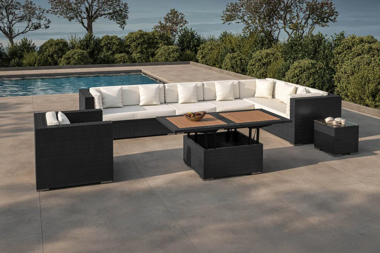 OUTFLEXX Gartenlounge, creme/weiß, schwarz, Polyrattan, für 8 Personen, inkl. Loungetisch, wasserfeste Kissenbox
