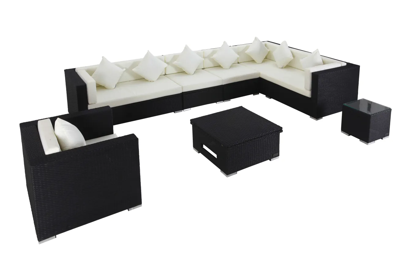 OUTFLEXX Gartenlounge, creme/weiß, schwarz, Polyrattan, für 8 Personen, inkl. Loungetisch, wasserfeste Kissenbox