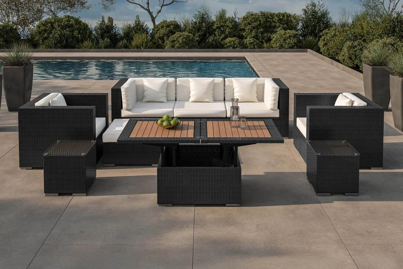 OUTFLEXX Gartenlounge, creme/weiß, schwarz, Polyrattan, für 6 Personen, inkl. Loungetisch, wasserfeste Kissenbox