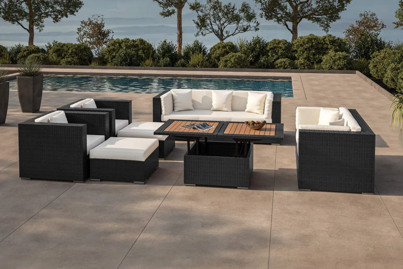OUTFLEXX Gartenlounge, creme/weiß, schwarz, Polyrattan, für 9 Personen, inkl. Loungetisch, wasserfeste Kissenbox