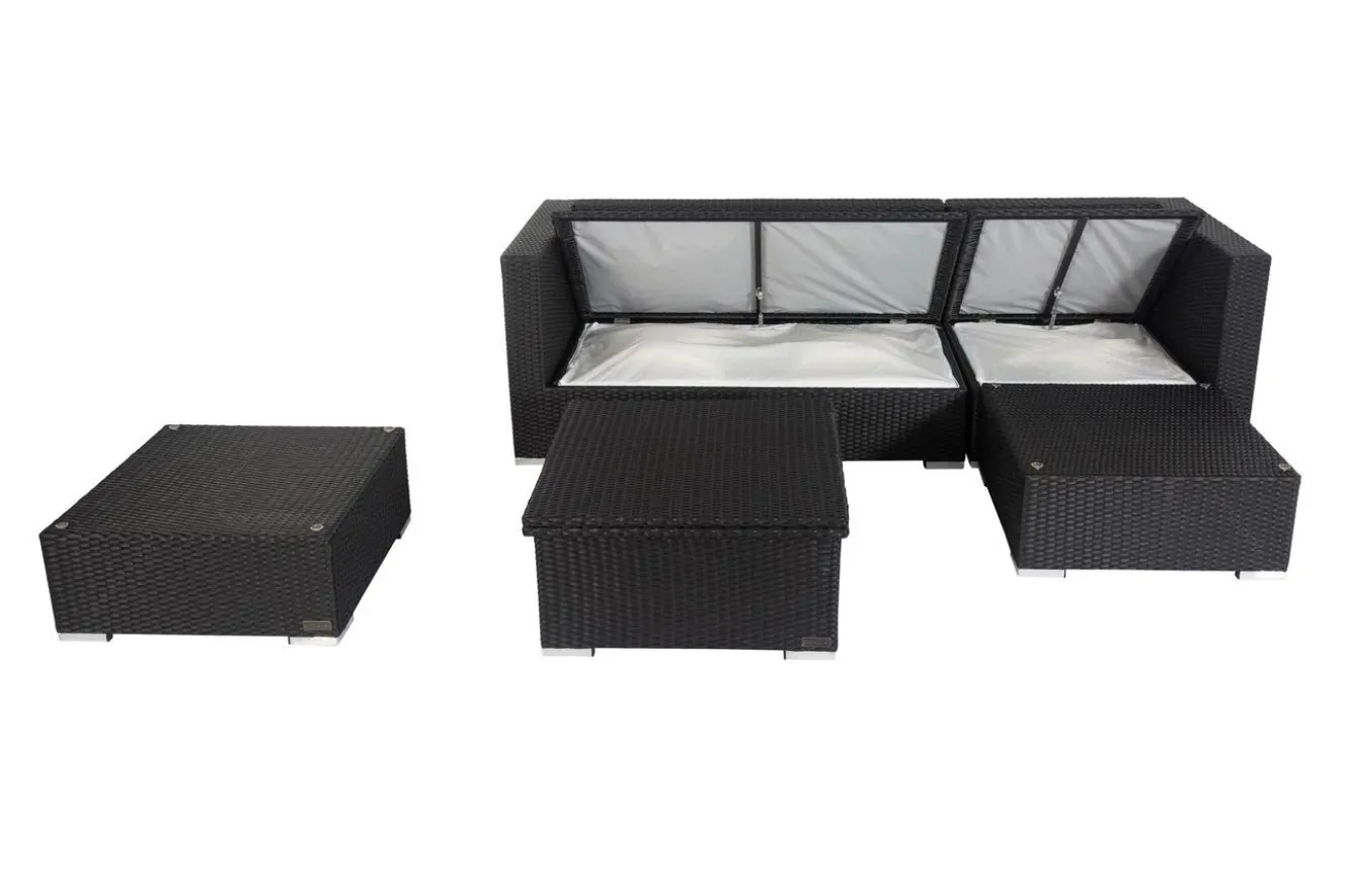 OUTFLEXX Gartenlounge, creme/weiß, schwarz, Polyrattan, 5 Personen, wasserfeste Kissenbox, inkl. Loungetisch