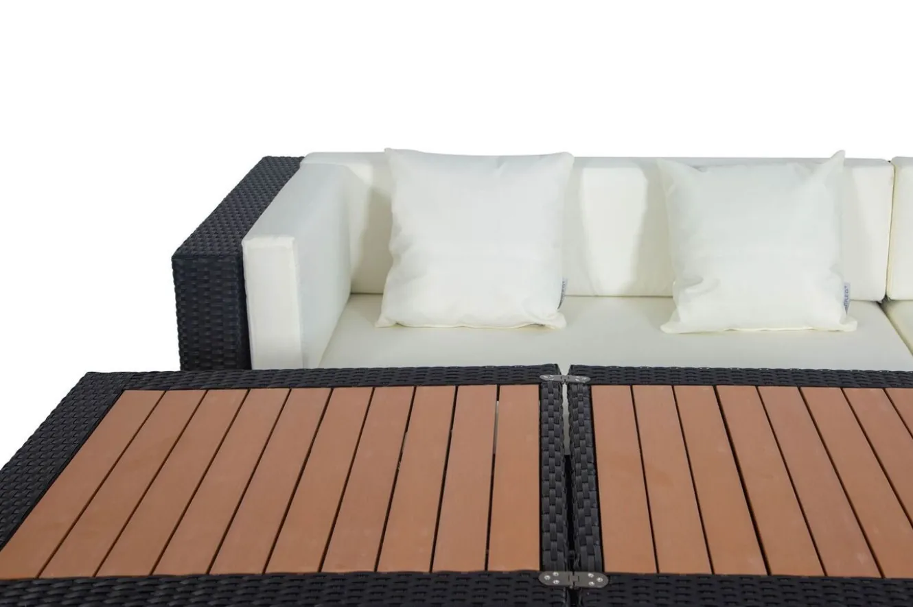 OUTFLEXX Gartenlounge, creme/weiß, schwarz, Polyrattan, 5 Personen, wasserfeste Kissenbox, inkl. Loungetisch