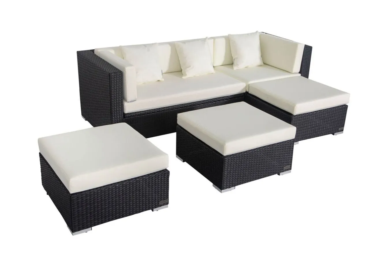 OUTFLEXX Gartenlounge, creme/weiß, schwarz, Polyrattan, 5 Personen, wasserfeste Kissenbox, inkl. Loungetisch