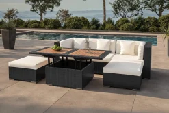 OUTFLEXX Gartenlounge, creme/weiß, schwarz, Polyrattan, 5 Personen, wasserfeste Kissenbox, inkl. Loungetisch