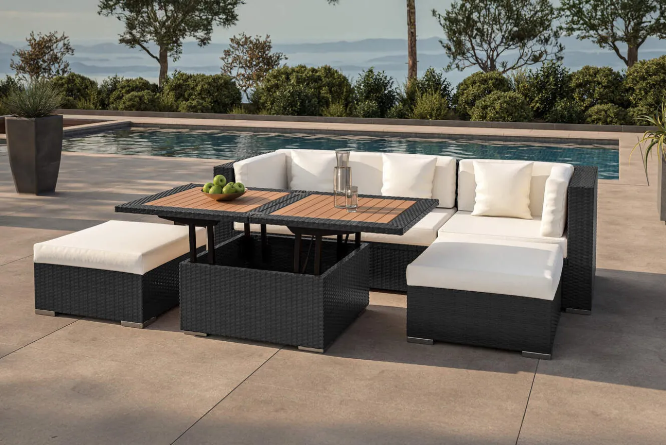 OUTFLEXX Gartenlounge, creme/weiß, schwarz, Polyrattan, 5 Personen, wasserfeste Kissenbox, inkl. Loungetisch