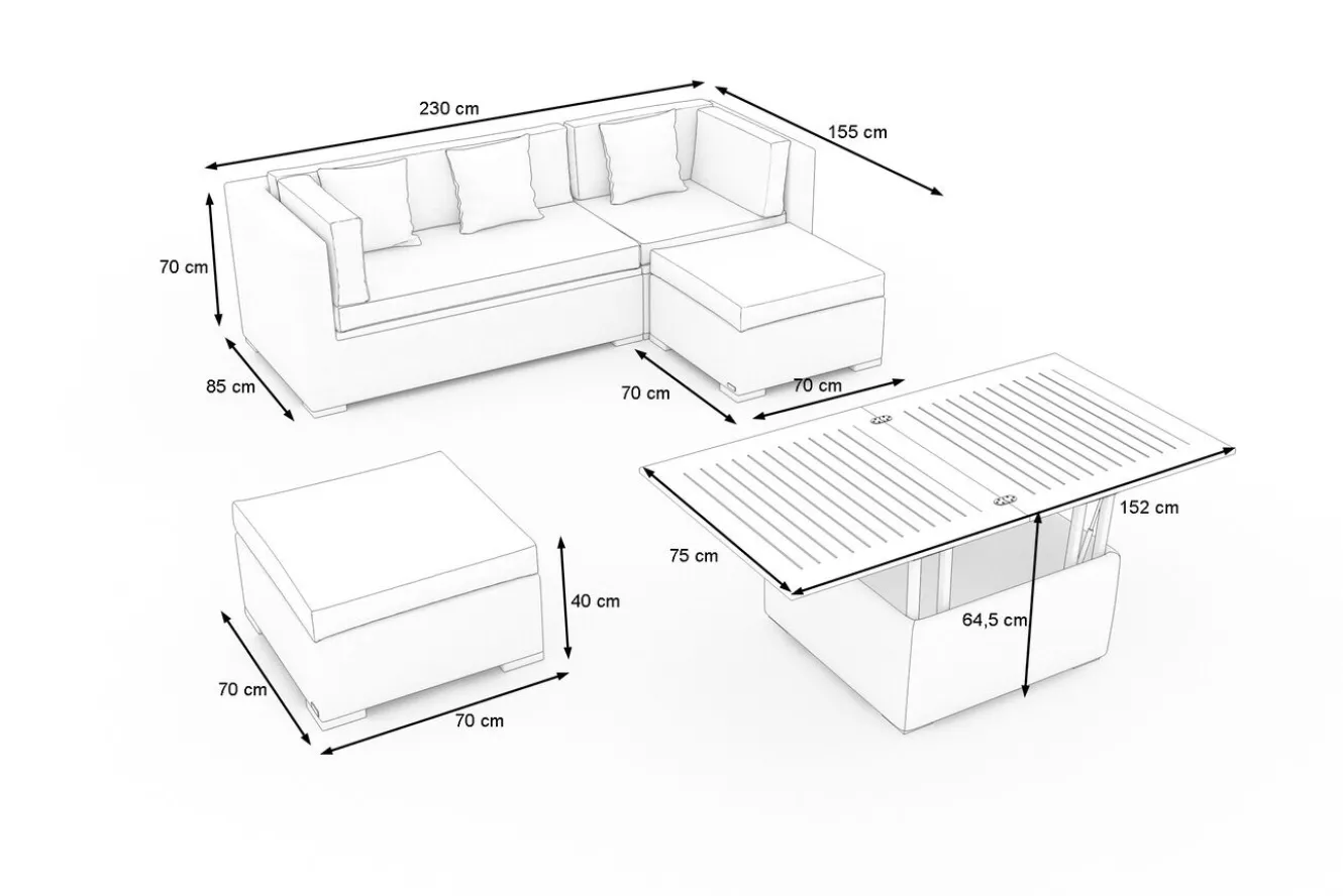 OUTFLEXX Gartenlounge, creme/weiß, schwarz, Polyrattan, 5 Personen, wasserfeste Kissenbox, inkl. Loungetisch