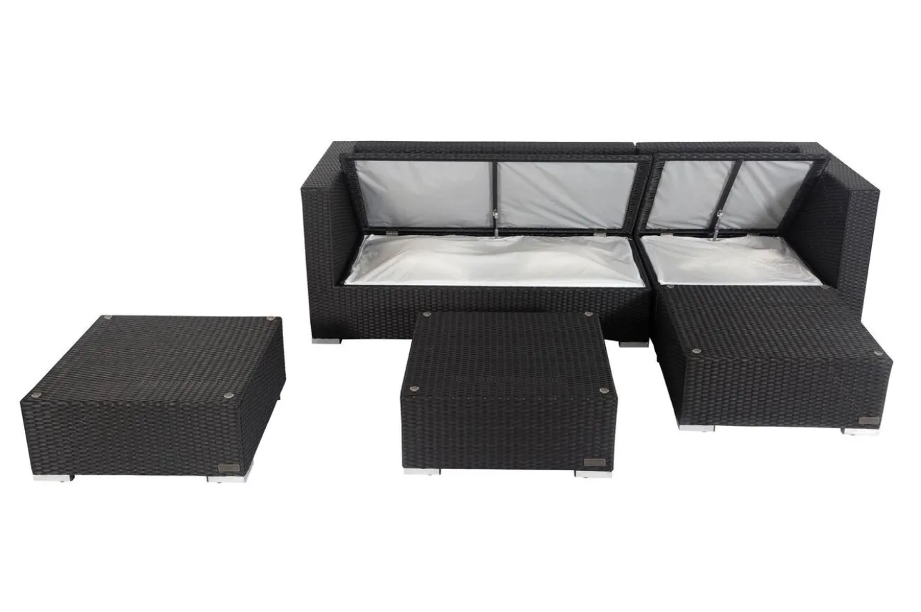 OUTFLEXX Gartenlounge, creme/weiß, schwarz, Polyrattan, 5 Personen, wasserfeste Kissenbox, inkl. Kaffeetisch
