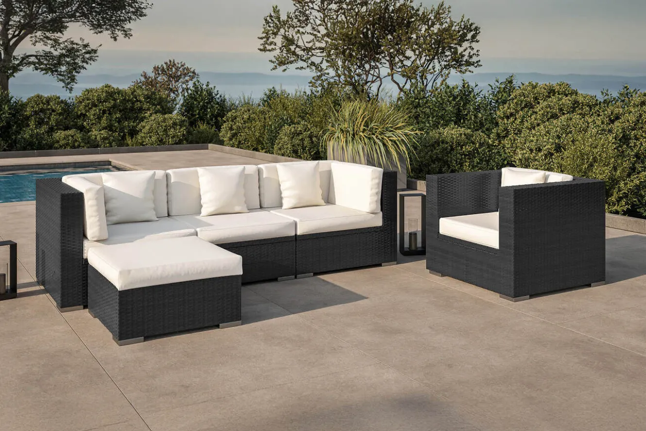 OUTFLEXX Gartenlounge, creme/weiß, schwarz, Polyrattan, für 5 Personen, wasserfeste Kissenbox