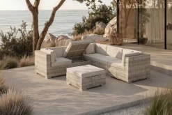 OUTFLEXX Gartenlounge für 5 Personen, 6-teilig, desert-beige, Alu/Polyrattan, mit Kissenboxfunktion, modular verstellbar