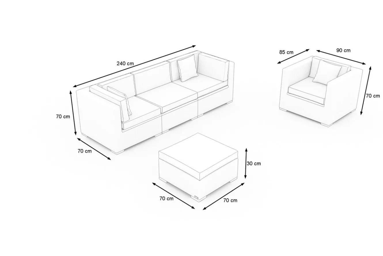 OUTFLEXX Gartenlounge für 4 Personen, beige, Alu/Polyrattan, 3-Sitzer Modul, Sessel & Hocker, mit Kissenboxfunktion