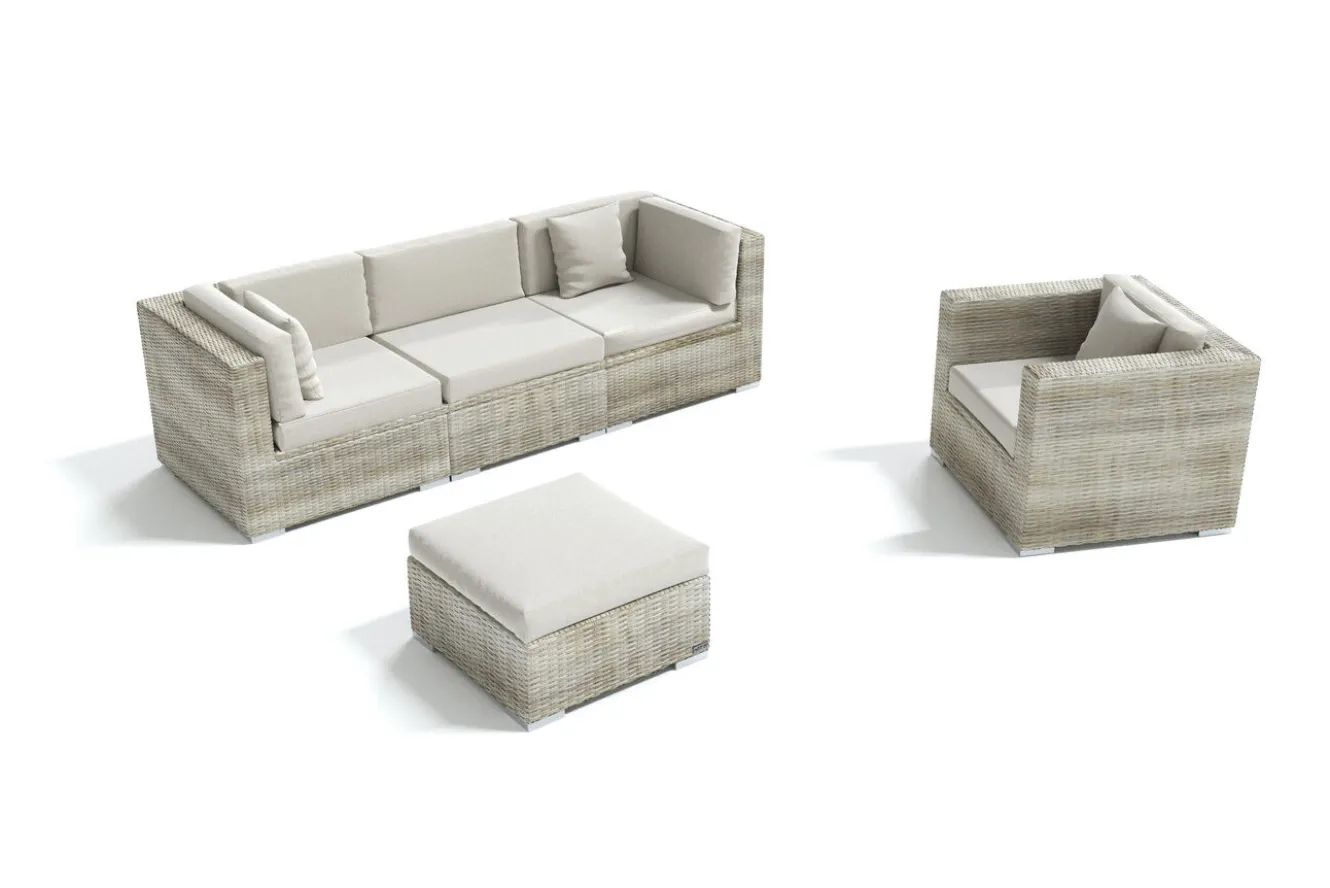 OUTFLEXX Gartenlounge für 4 Personen, beige, Alu/Polyrattan, 3-Sitzer Modul, Sessel & Hocker, mit Kissenboxfunktion