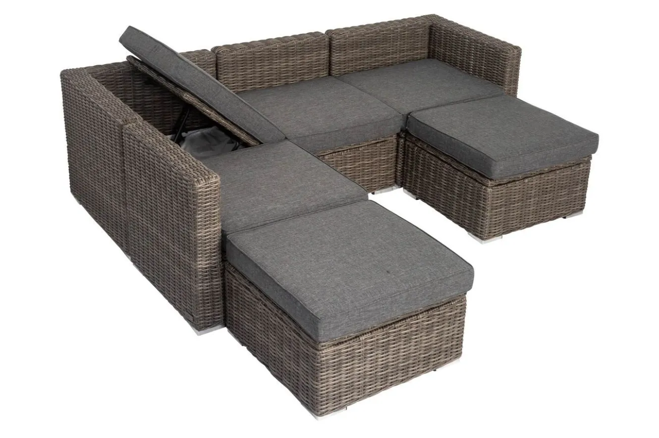 OUTFLEXX Gartenlounge, grau, Polyrattan, 6 Personen, verstellbare Sitzflächen, wasserfeste Kissenbox